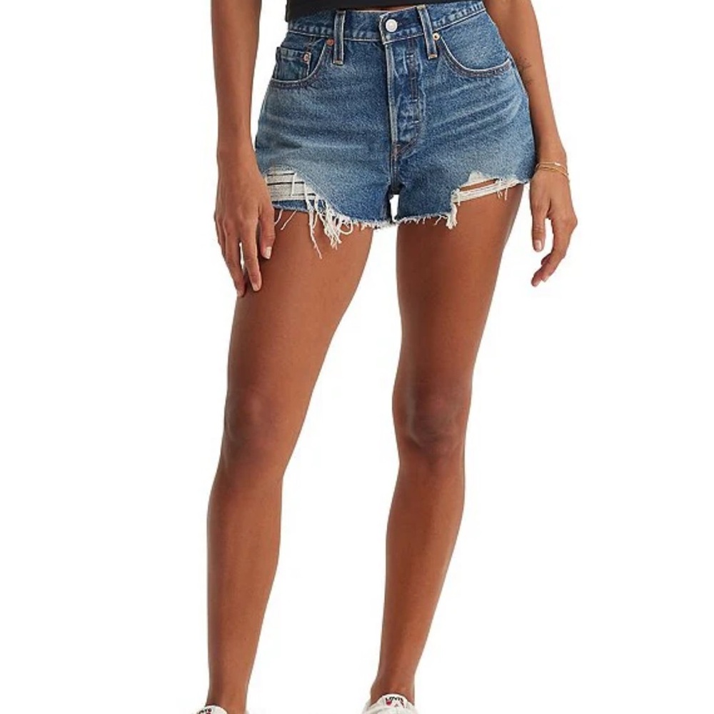 Distressed High-Rise Denim Shorts - Blue